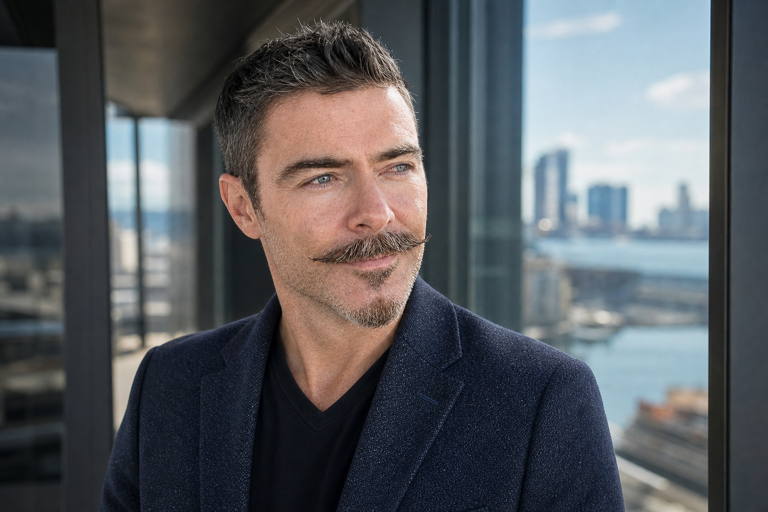 Environmental publicity portrait of James Allister Odd looking across a waterfront city view
