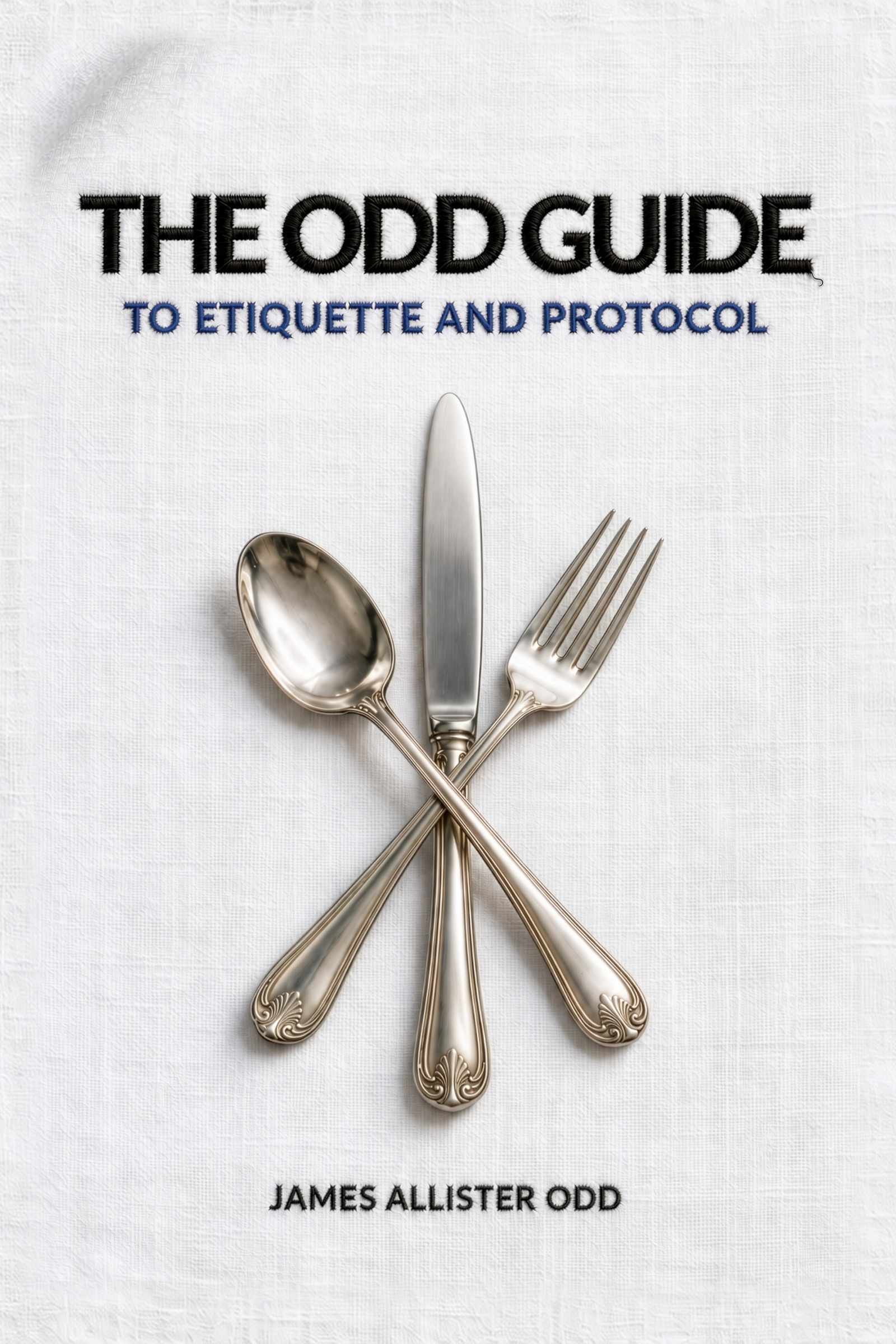 Cover of The Odd Guide to Etiquette and Protocol by James Allister Odd, showing three silver utensils on white linen